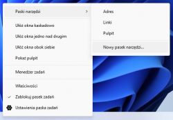 Menu kontekstowe paska zadań Windows 11 z opcjami dla Paski narzędzi.