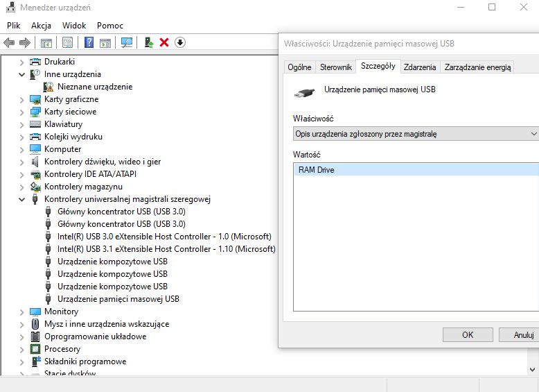 Windows Device Manager screenshot with “USB Mass Storage Device” properties showing value “RAM Drive”.