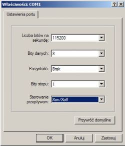 Ustawienia portu COM1 w systemie Windows.