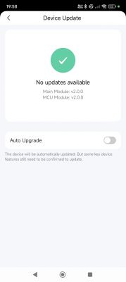 Device update screen showing No updates available with Main and MCU modules version 2.0.0.