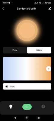 App screen for managing a Zemismart smart bulb with a white light setting.