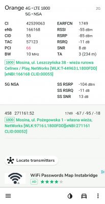 Zrzut ekranu aplikacji pokazującej dane o sieciach komórkowych 4G LTE i 5G NSA w Mosinie.