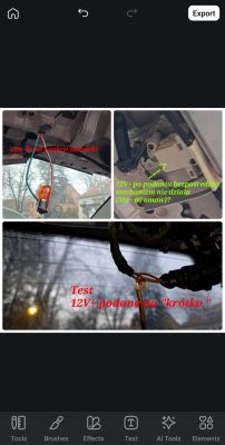 Zdjęcia testów elektrycznych 12V przy instalacji samochodowej pod sufitem.