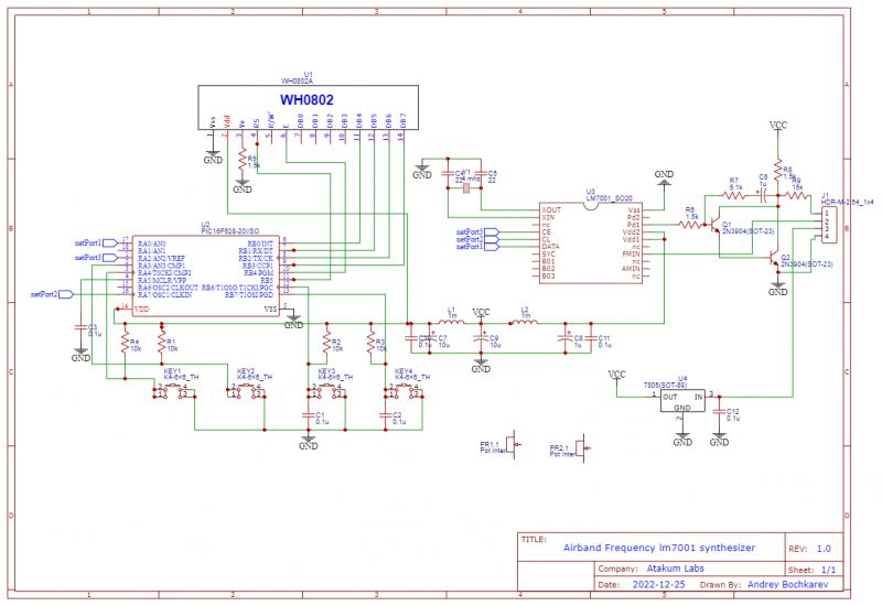 Schemat syntezatora częstotliwości Airband z użyciem mikrokontrolera PIC16F628 i układu scalonego LM7001.