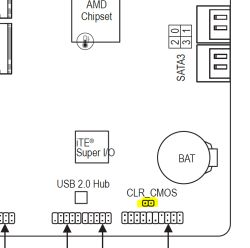 Schemat płyty głównej z zaznaczonym zworką CLR_CMOS obok baterii BIOS
