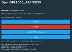 OpenOPL1000 interface screen with Config, Restart, and Launch Web Application buttons.