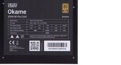 Etykieta zasilacza Okame 850W z oznaczeniem 80 Plus Gold i danymi technicznymi