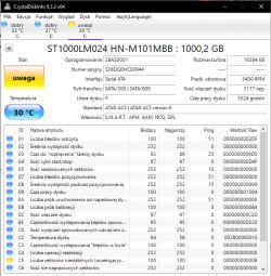 Zrzut ekranu z programu CrystalDiskInfo pokazujący szczegóły dysku twardego ST1000LM024.