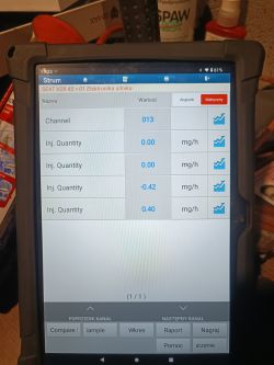 Tablet z oprogramowaniem diagnostycznym Diagzone Pro V 2 pokazujący dane silnika z Seata Leona 1.9 TDI ASV.