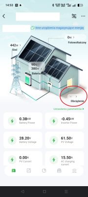 Ekran z aplikacji falownika pokazujący wykres energii i parametry systemu