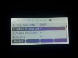 Ekran telefonu z ustawieniami sieci WAN pokazujący DHCP i puste pola IP.