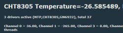 Screenshot showing temperature readings from the CHT8305 sensor with a value of -26.585489 and three active drivers: NTP, CHT8305, GN6932.