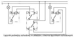 Schemat podłączenia łącznika podwójnego schodowego z dwoma łącznikami schodowymi.