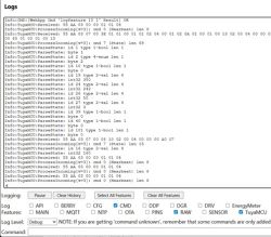 Screenshot of a “Logs” window with debug entries, filter buttons, and a “Command” input field.