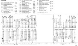 Schemat instalacji elektrycznej układu wtryskowego silnika Opel Vectra B z oznaczonymi podzespołami i trasami przewodów.