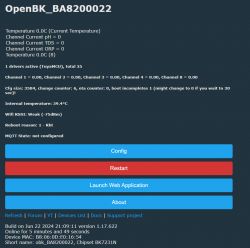 Screen of the OpenBK_BA8200022 interface displaying channel data and configuration options.