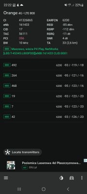 Zrzut ekranu z aplikacji pokazującej dane sieci Orange 4G LTE 800.