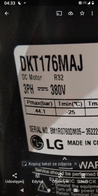 Tabliczka znamionowa sprężarki LG DKT176MAJ z oznaczeniami technicznymi.