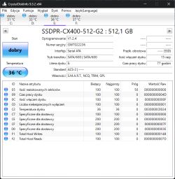 Zrzut ekranu programu CrystalDiskInfo pokazujący stan dysku SSD GOODRAM CX400 512 GB jako dobry przy temperaturze 36°C.