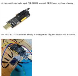 CH341 programmer on black PCB and wired microcontroller setup