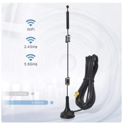 Black WiFi antenna with a long cable, supporting 2.4GHz and 5.8GHz frequencies.