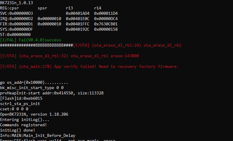 OTA error on BK7231N console with message requiring recovery firmware