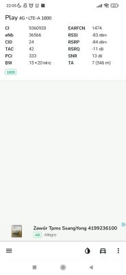 Zrzut ekranu przedstawiający dane sieciowe pokazujące operatora Play 4G LTE-A 1800 z różnymi wartościami oraz reklamę zaworu TPMS na dole.