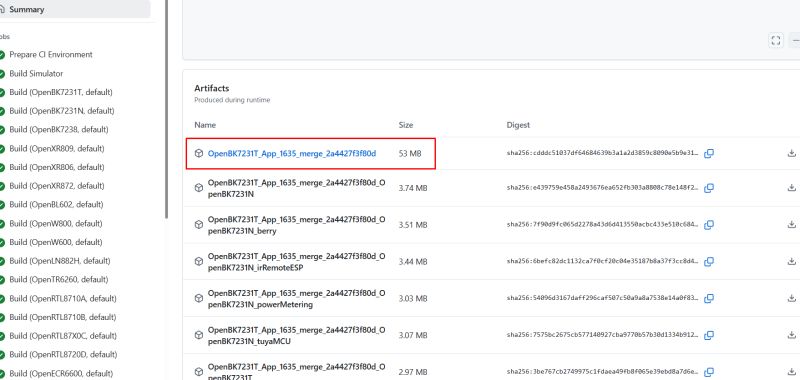 Screenshot showing a list of downloadable artifacts from a GitHub Actions build process, with the “OpenBK7231T_App_1635_merge_2a4427f3f80d” artifact highlighted, size 53 MB.