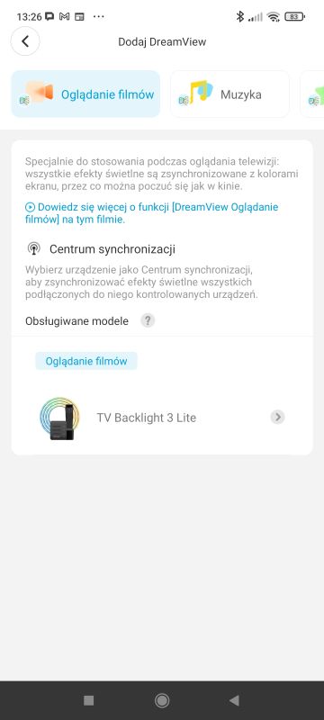 App screen showing DreamView lighting sync settings and connected device info.