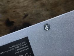 Spanner-type screw on the Gembird power strip housing with a partially visible manufacturer label.