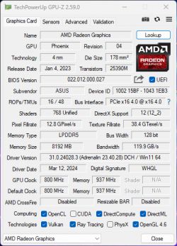 Zrzut ekranu z programu TechPowerUp GPU-Z pokazujący specyfikację grafiki AMD Radeon.