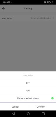Screenshot of “Setting” showing “relay status” options OFF, ON, and “Remember last status” selected
