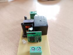 Electronic module with visible chip and relay on a circuit board.
