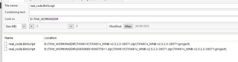 Software window showing search results for files named real_code.BinScript in the E:\TXW_WORKINGDIR folder.
