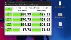 Zrzut CrystalDiskMark z wynikami SSD: odczyt 288,99 MB/s i zapis 429,32 MB/s