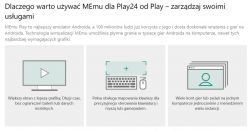 Grafika promująca emulator MEmu dla Play24 z trzema ikonami przedstawiającymi korzyści z użytkowania.