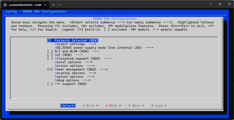 XR806 SDK configuration screen with Projects Selected (NEW) highlighted