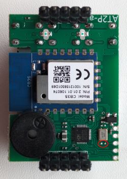 AT2P-E PCB with CB3S module and marked soldering point.