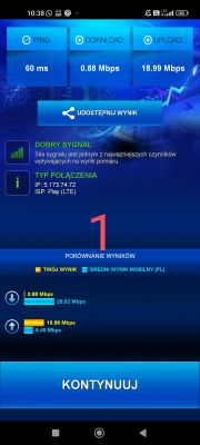 Zrzut ekranu z wynikami testu prędkości internetu mobilnego na urządzeniu z siecią Play LTE pokazujący małą prędkość pobierania i dużą prędkość wysyłania.