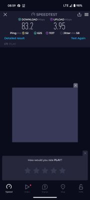Ekran testu prędkości internetu pokazujący wyniki na LTE.