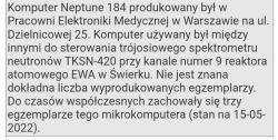 Text about Neptune 184 computer used at EWA nuclear reactor in Świerk