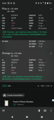 Zrzut ekranu z aplikacji ukazujący szczegółowe parametry sieci mobilnych Play i Orange (LTE/5G) w lokalizacji Bednarze, gm. Korytnica.
