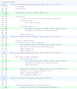 Screenshot of a version control diff showing changes in new_http.c, with added debugging log lines using ADDLOG_ERROR.