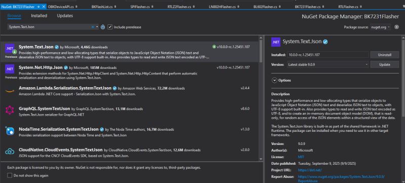 Screenshot of NuGet Package Manager showing System.Text.Json package