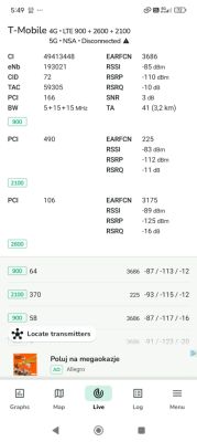 Zrzut ekranu z aplikacji analitycznej sygnału LTE T-Mobile z parametrami RSSI, RSRP i innymi.