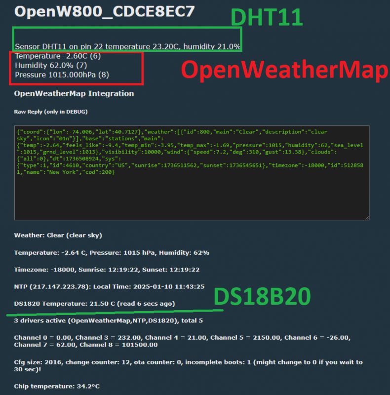 Screenshot of the OpenWeatherMap integration and sensor readings from DHT11 and DS18B20.