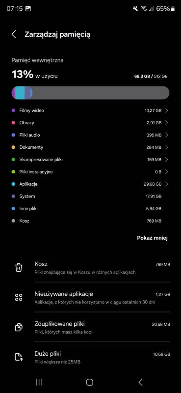 Zrzut ekranu z ustawień pamięci w telefonie, pokazujący szczegóły zużycia pamięci wewnętrznej.
