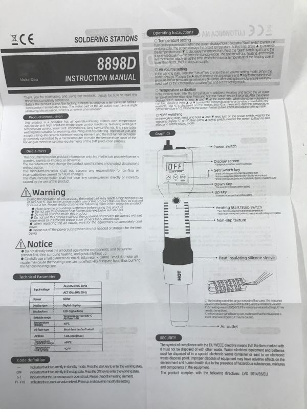 8898D instruction manual page with warnings, specifications table, and labeled device diagram