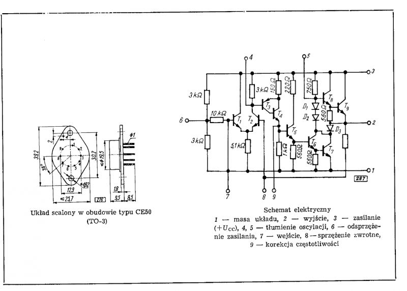 Schemat elektryczny wzmacniacza z układem scalonym CE50 (TO-3)