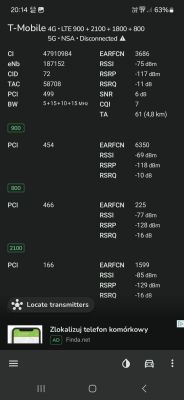 Zrzut ekranu aplikacji NetMonster pokazujący szczegóły sygnału sieci 4G T-Mobile, w tym pasma, moc i jakość sygnału.